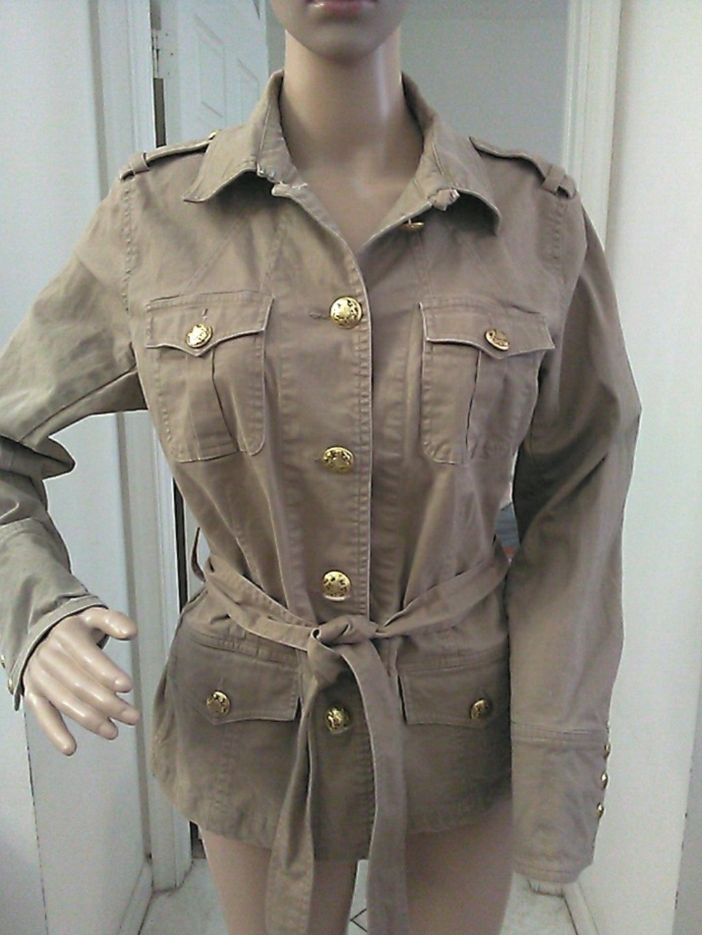 Lk. New George Tan Utility Jacket/ Gold Decor Buttons W/ Belt Sz.10 & Pkts
